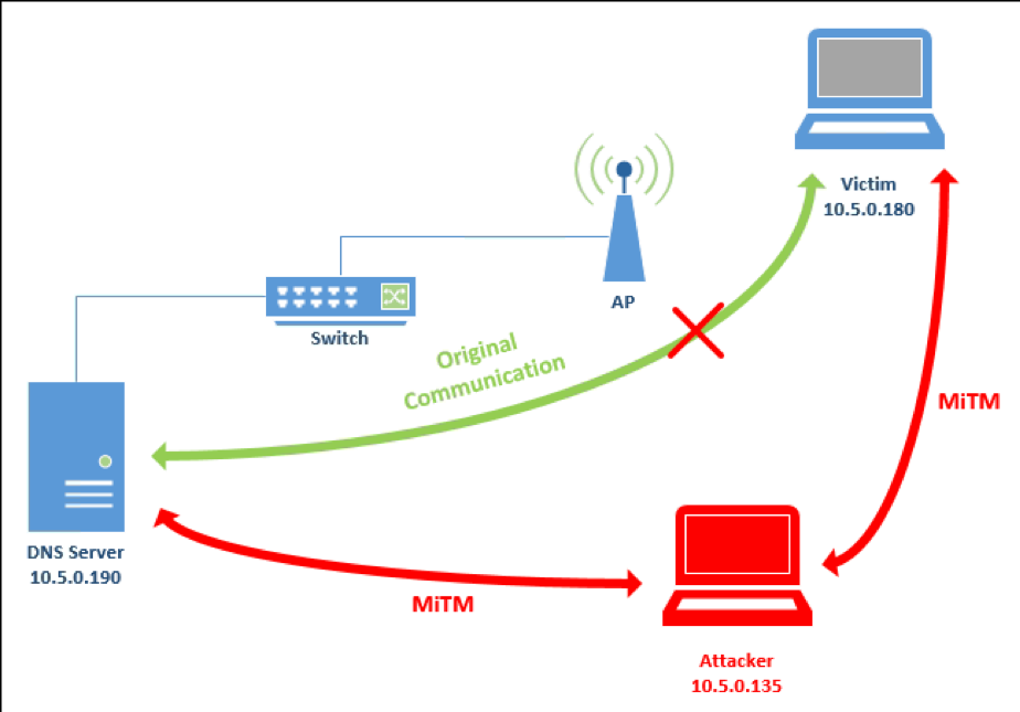 A MiTM attack between the victim and the DNS Server to manipulate DNS traffic