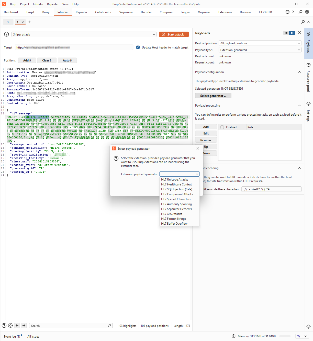 Intruder Payloads tab with HL7 positions marked and the HL7 payload-generator dropdown open