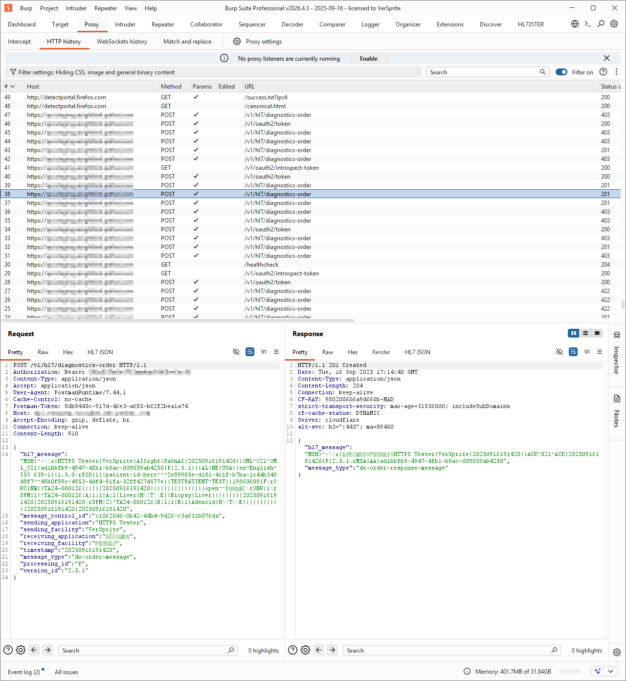 A POST to a staging healthcare API; the body is JSON with an embedded raw HL7 string, response 201