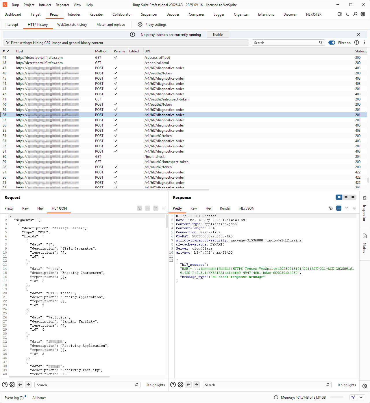 The same Proxy request rendered in the HL7 JSON tab: labelled fields like Field Separator, Sending Application, Patient Name
