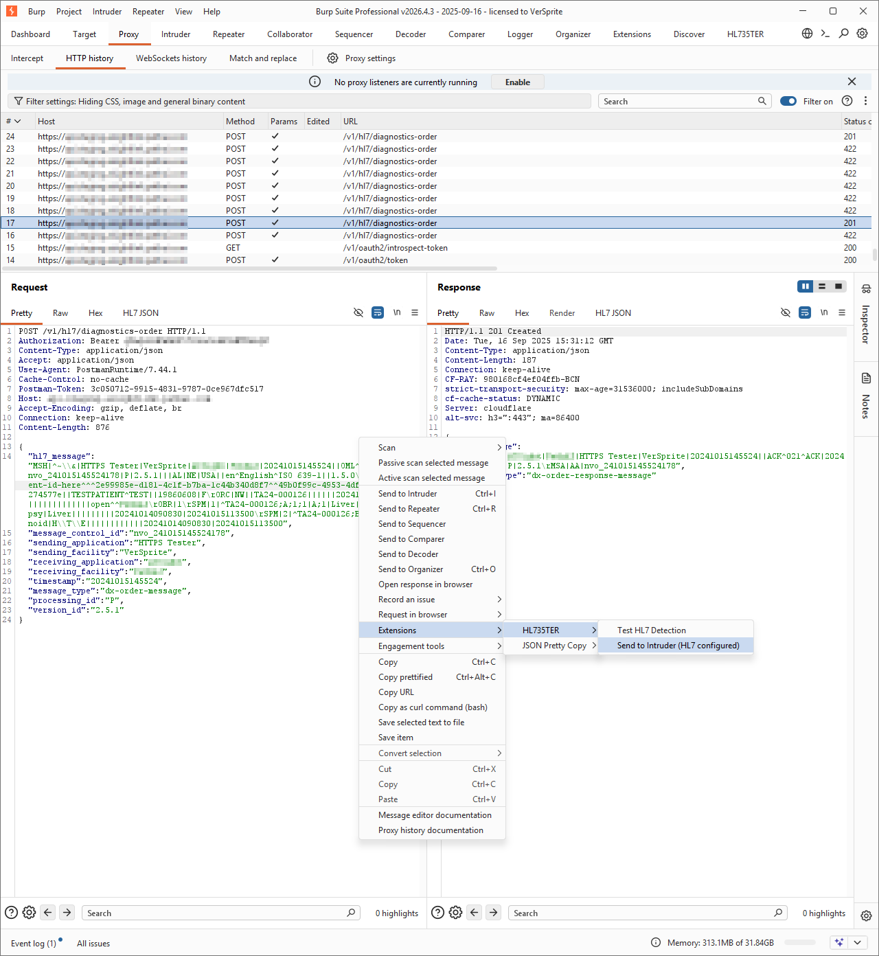 The right-click context menu showing Send to Intruder (HL7 configured) and Test HL7 Detection