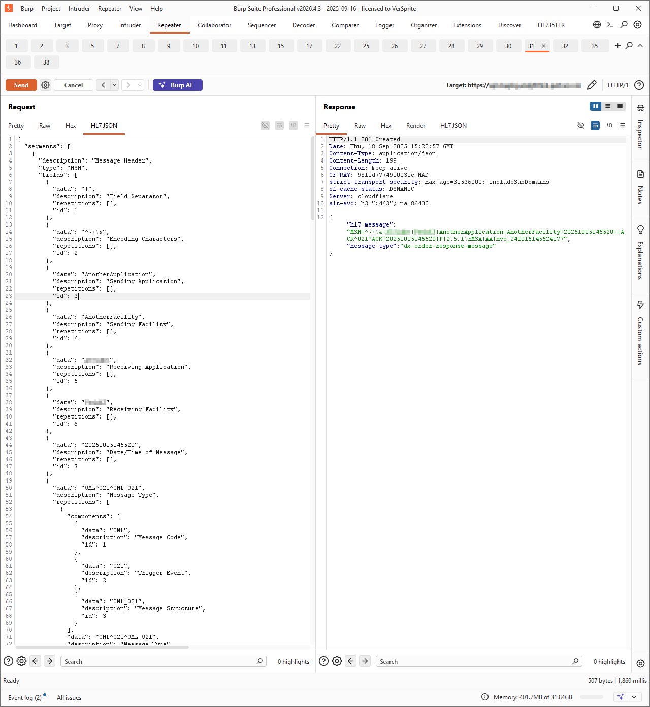 The editable HL7 JSON tab in Repeater, showing segments and labelled fields ready to modify